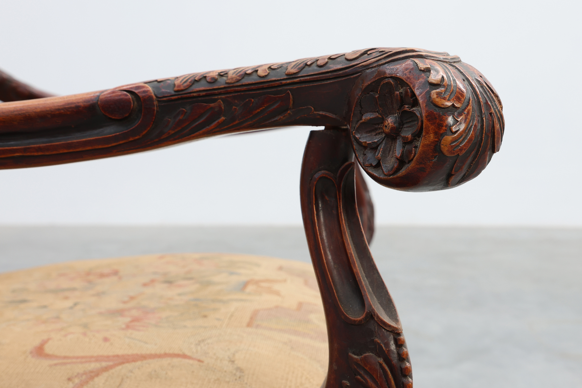 Carved Walnut Armchair with Scrolling and Tapestry Upholstery, France, circa 1800thumbnail